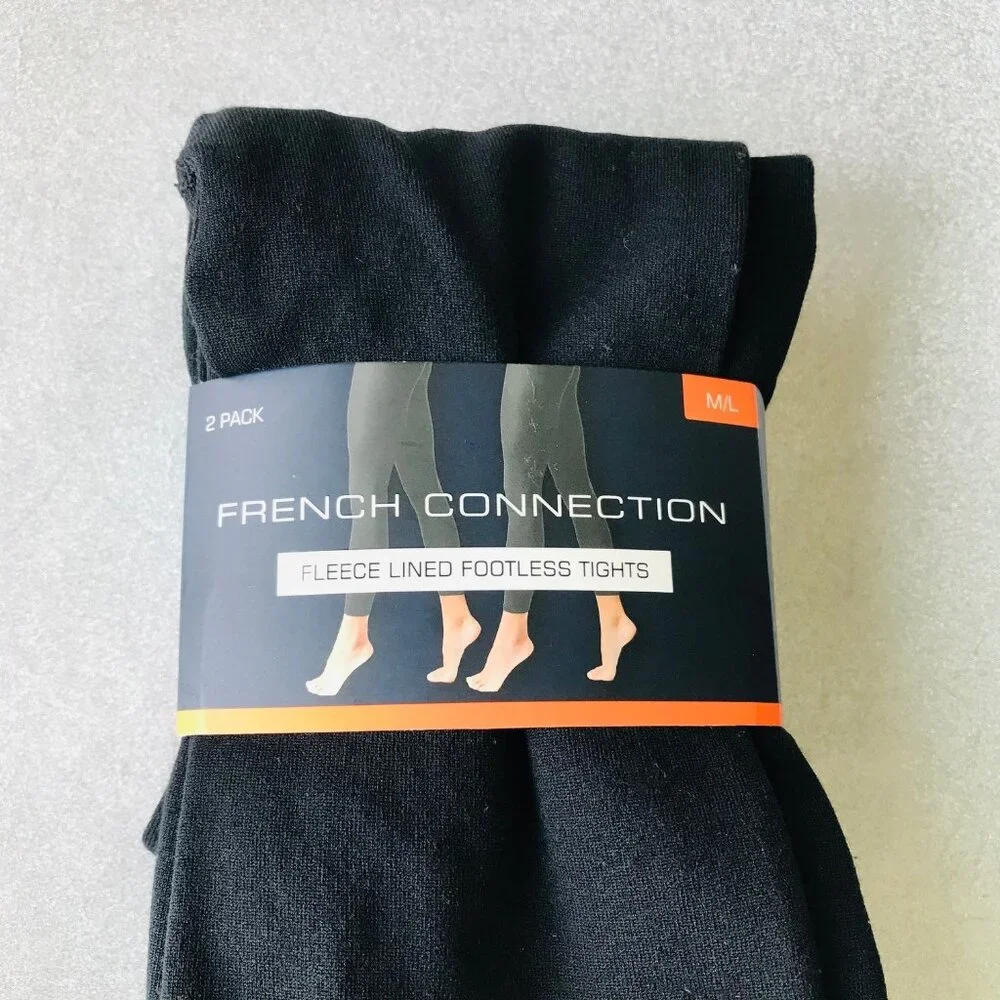 French Connection Womens Fleece Lined Black Footless Tights 2 Pk, Size M/L